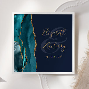Agate Geode Script Teal Goud Navy Blauwe Trouw Servet