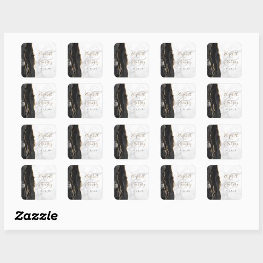 Agate Geode Script Zwart Goud Marmeren bruiloft Vierkante Sticker (Vel)