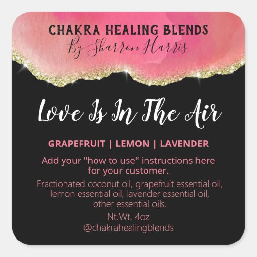 Agate Glitter Roze en Zwart Liefde Blend Labels (Voorkant)