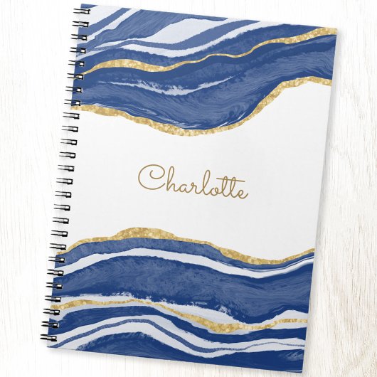 Agate Gold Glitter Waterverf Gepersonaliseerd Blau Notitieboek