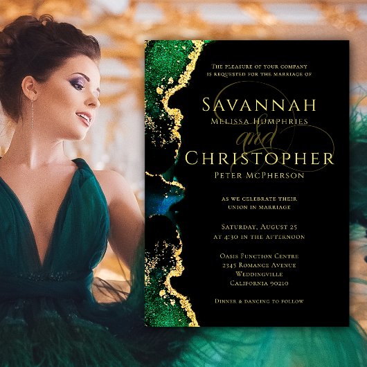 Agate Green Black Gold Etheral Wedding Invitation Kaart