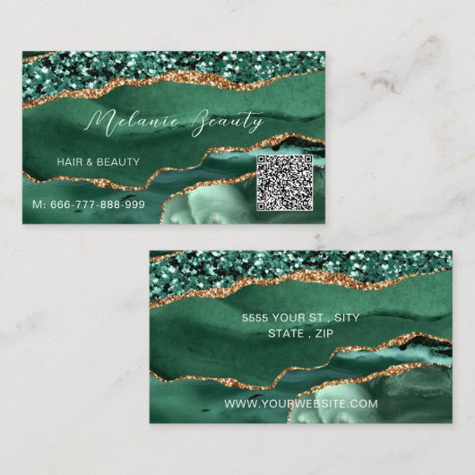 Agate Green Gold Code QR Carte de visite - Exemple (Devant / Derrière)