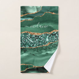 Agate Green Gold Glitter Geode Marble Custom Name Bad Handdoek