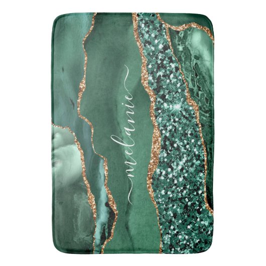 Agate Green Gold Glitter Geode Marble Custom Name Badmat (Voorkant Verticaal)