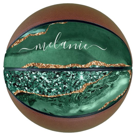 Agate Green Gold Glitter Geode Marble Custom Name Basketbal (Voorkant)