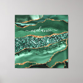 Agate Green Gold Glitter Geode Marble Custom Name Canvas Afdruk