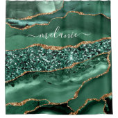 Agate Green Gold Glitter Geode Marble Custom Name Douchegordijn (Voorkant)