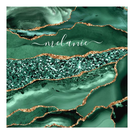 Agate Green Gold Glitter Geode Marble Custom Name Foto Afdruk (Voorkant)