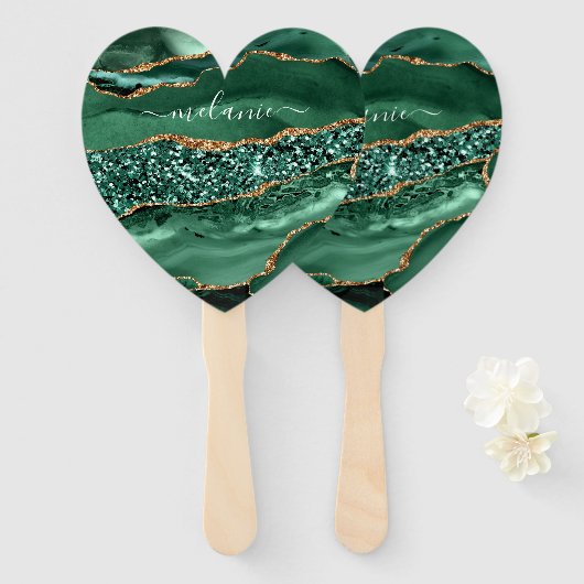 Agate Green Gold Glitter Geode Marble Custom Name Handwaaier (Voorkant en achterkant)