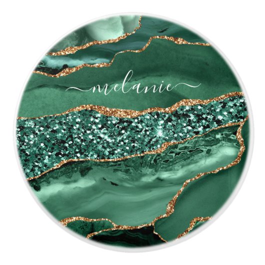 Agate Green Gold Glitter Geode Marble Custom Name Keramische Knop (Voorkant)