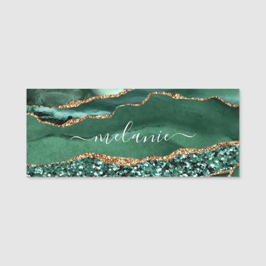 Agate Green Gold Glitter Geode Marble Custom Name Naamplaatje (Voorkant)