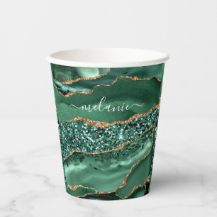 Agate Green Gold Glitter Geode Marble Custom Name Papieren Bekers