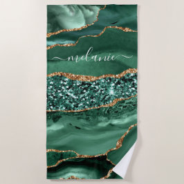 Agate Green Gold Glitter Geode Marble Custom Name Strandlaken