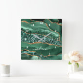 Agate Green Gold Glitter Geode Marble Custom Name Vierkante Klok (Huis)