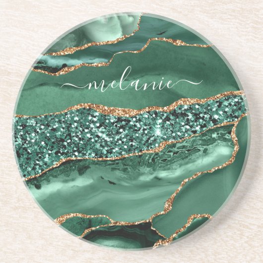 Agate Green Gold Glitter Geode Marble Custom Name Zandsteen Onderzetter (Voorkant)