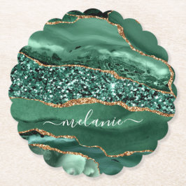 Agate Green Gold Glitter Geode Marble Jouw naam Kartonnen Onderzetters