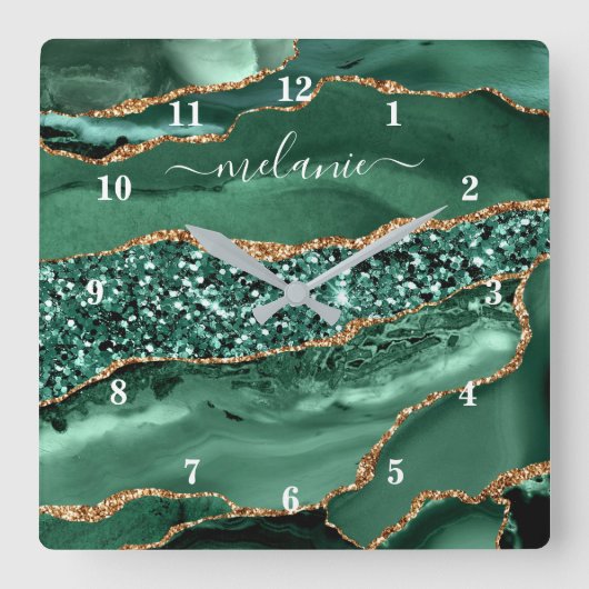 Agate Green Gold Glitter Geode Marble Name Clock Vierkante Klok (Voorkant)