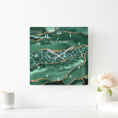Agate Green Gold Glitter Geode Marble Name Clock Vierkante Klok (Huis)