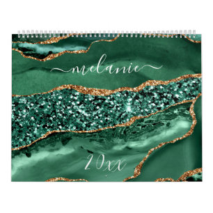 Agate Green Gold Glitter Marble Jouw naam Calendar Kalender