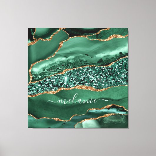 Agate Green Gold Glitter Marble Name Canvas (Voorkant)