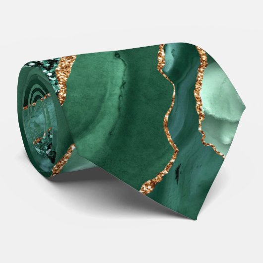 Agate Green Gold Glitter Marble Party Stropdas (Opgerold)