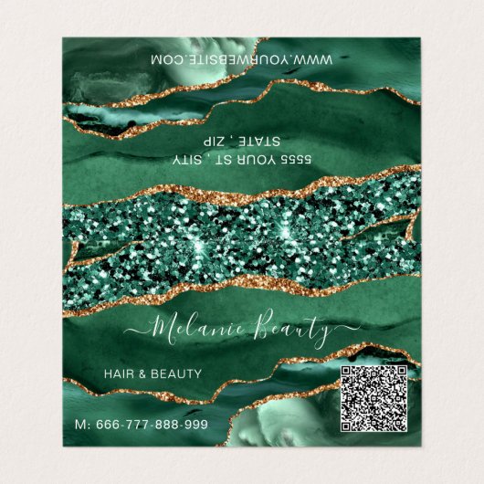 Agate Green Gold Glitter Moderne Design QR Code Visitekaartjes (Buitenkant ongevouwen)