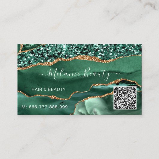 Agate Green Gold Parties scintillant QR Code Carte (Devant)