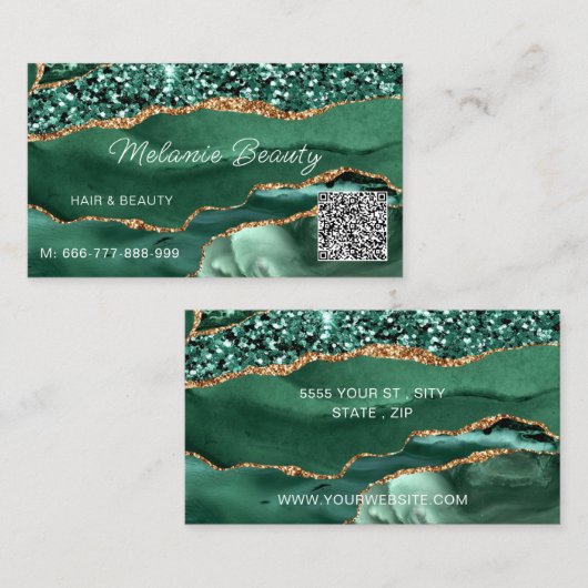 Agate Green Gold Sparkle QR Code Carte de visite (Devant / Derrière)