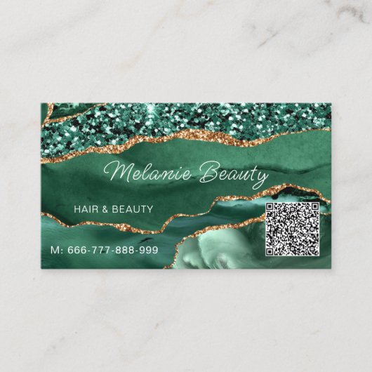 Agate Green Gold Sparkle QR Code Visitekaartje (Voorkant)