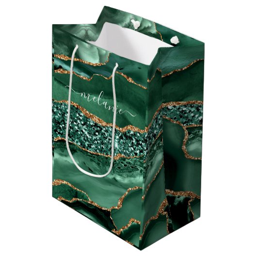 Agate Groene Gouden Smaragd Aangepaste Naam Cadeau Medium Cadeauzakje (Voorkant Gekanteld)