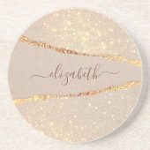 Agate marble stone glitter roos gold name script zandsteen onderzetter (Voorkant)