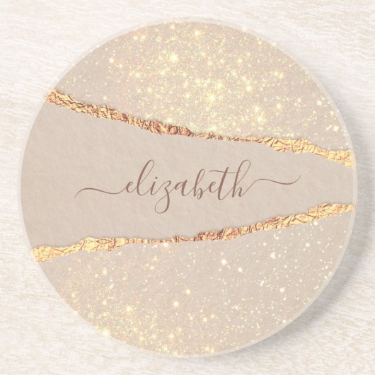 Agate marble stone glitter roos gold name script zandsteen onderzetter (Voorkant)