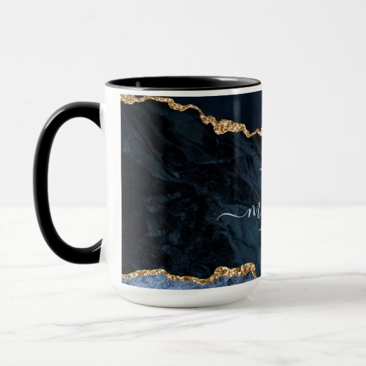 Agate Marine Bleu Marbre Or Monogramme Nom Mug (Gauche)
