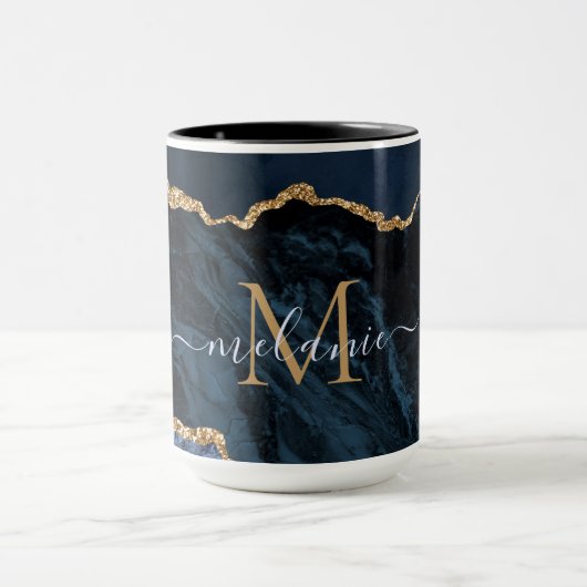 Agate Marine Bleu Marbre Or Monogramme Nom Mug (Centre)