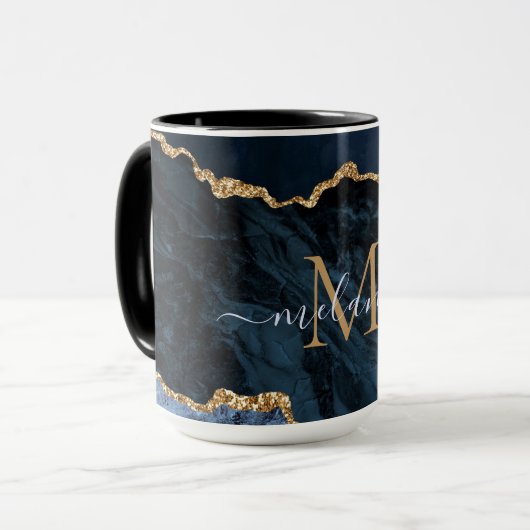 Agate Marine Bleu Marbre Or Monogramme Nom Mug (Devant gauche)