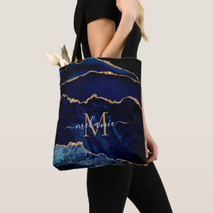 Agate Marine Bleu Marbre Or Nom Lettre Sac fourre-