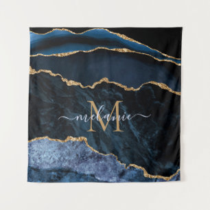 Agate Marine Bleu Marbre Or Tapisserie Monogramme