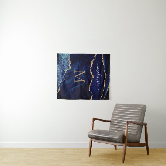 Agate Marine Bleu Marbre Tapisserie Nom personnali (En situation (horizontale))