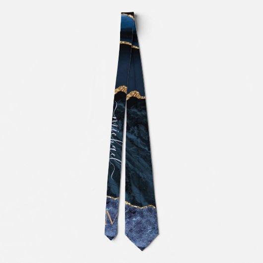 Agate Marine Blue Gold Gemstone Cravate - Monogram (Dos)