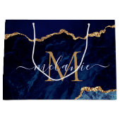 Agate Marine Blue Gold Marble Nom Lettre Sac cadea (Devant)