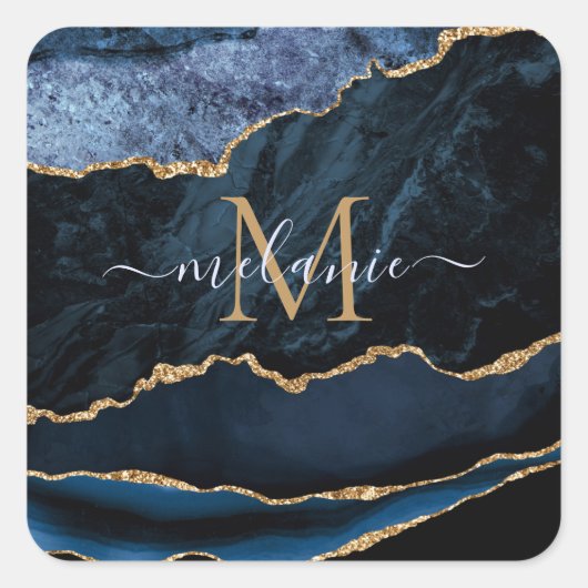 Agate Navy Blauw Goud Custom Naam Letter Sticker (Voorkant)