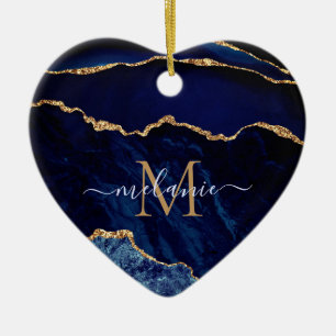Agate Navy Blauw Goud Edelsteen Marmer Uw Naam Keramisch Ornament
