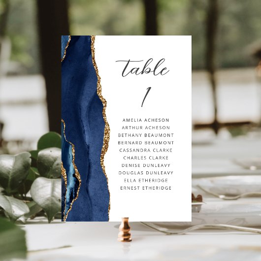 Agate Navy Blauwe Gouden Moderne Script Bruiloft Kaart