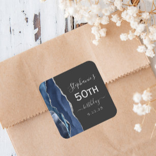 Agate Navy Blauwe Zilveren Donkere 50e Verjaardag Vierkante Sticker