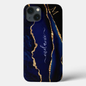 Agate Navy Blue Glitter Monogram iPhone Case (Achterkant)