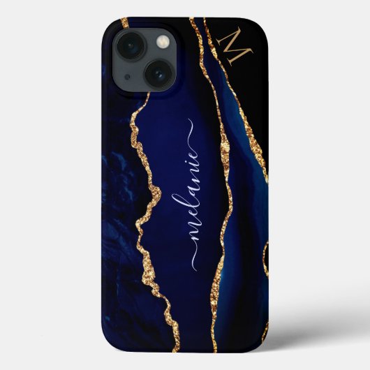 Agate Navy Blue Glitter Monogram iPhone Case (Achterkant)