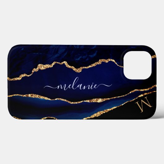 Agate Navy Blue Glitter Monogram iPhone Case (Achterkant (horizontaal))