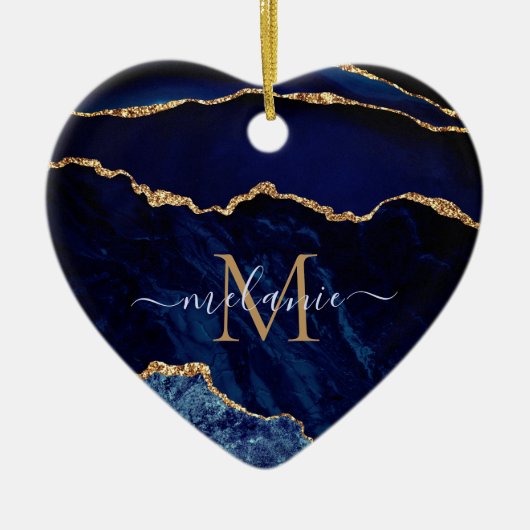 Agate Navy Blue Gold Gemstone Marble Jouw naam Keramisch Ornament (Voorkant)