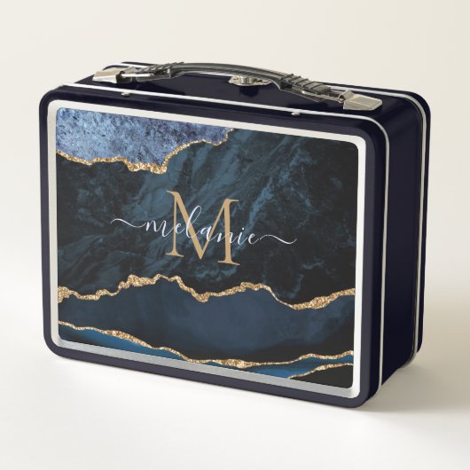 Agate Navy Blue Gold Gemstone Marble Monogram (Achterkant)