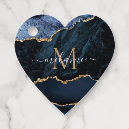 Agate Navy Blue Gold Gemstone Marble Monogram Bedankjes Labels (Voorkant)